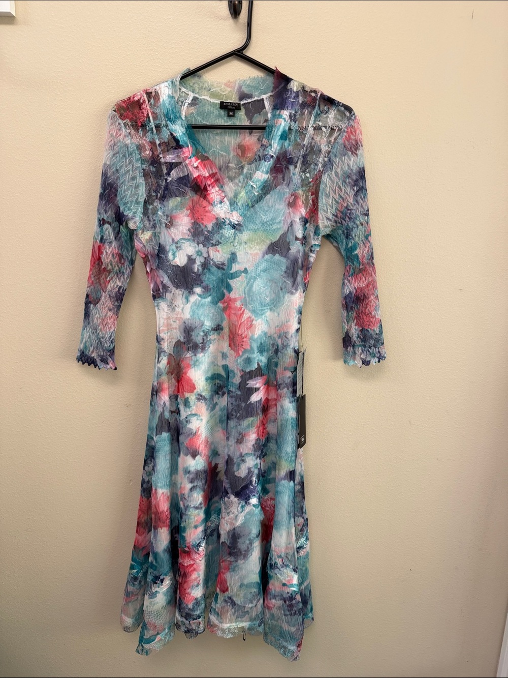 Komarov Floral V-Neck Long Sleeve Dress in Teal, Coral & Navy NWT SzM